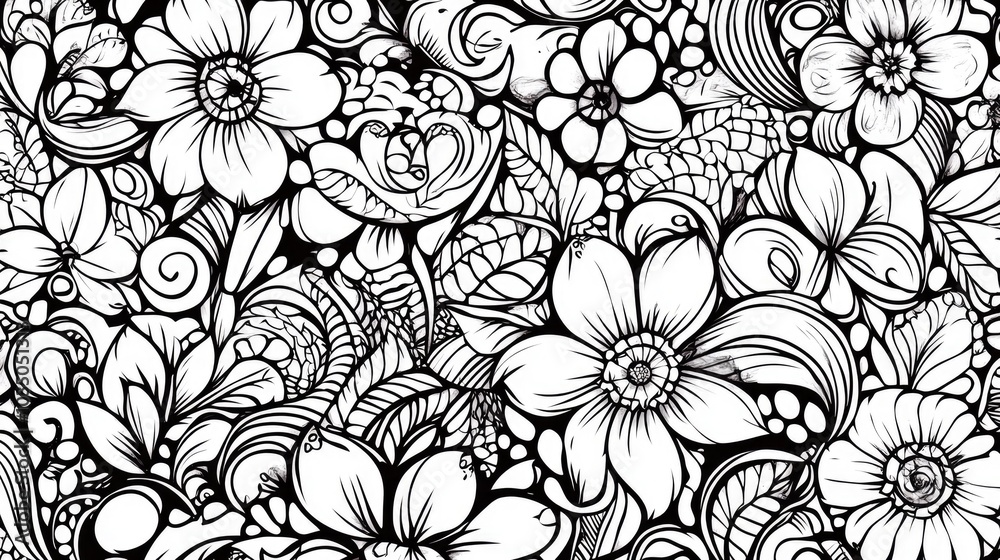 Vector illustration of a doodle background featuring floral designs and paisley elements Suitable for wallpaper pattern fills and coloring pages for all ages Black and white style Vector illustration of a doodle background featuring floral designs and paisley elements Suitable for wallpaper pattern fills and coloring pages for all ages Black and white style