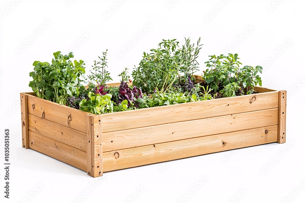 A vibrant garden bed brimming with diverse vegetables and herbs highlights eco-friendly gardening methods against a pristine white backdrop. A vibrant garden bed brimming with diverse vegetables and herbs highlights eco-friendly gardening methods against a pristine white backdrop.