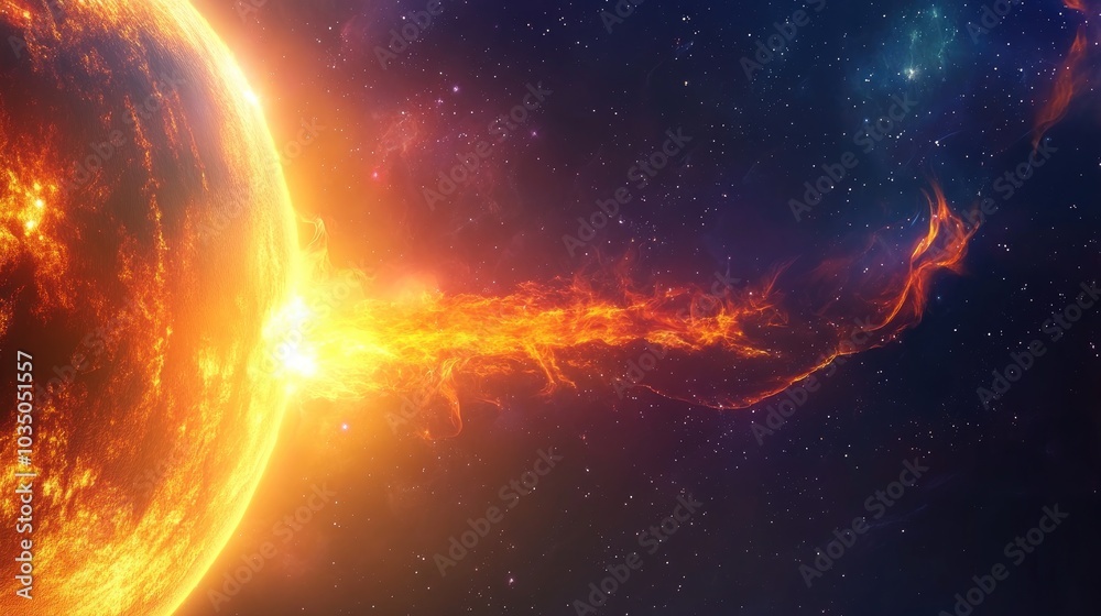 Fototapeta premium 3D cartoon illustration depicting a solar storm in outer space with solar radiation flowing towards a planet