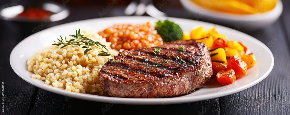 Balanced Plate of Lean Meat, Grains, and Vibrant Seasonal Vegetables for a Healthy Lifestyle Balanced Plate of Lean Meat, Grains, and Vibrant Seasonal Vegetables for a Healthy Lifestyle