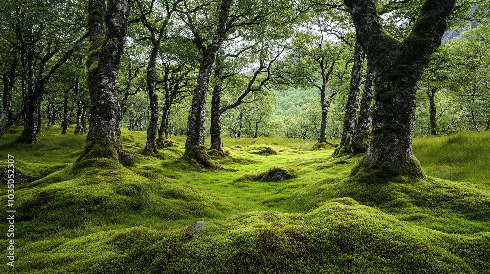 An ancient forest filled with towering trees and a carpet of moss. An ancient forest filled with towering trees and a carpet of moss.