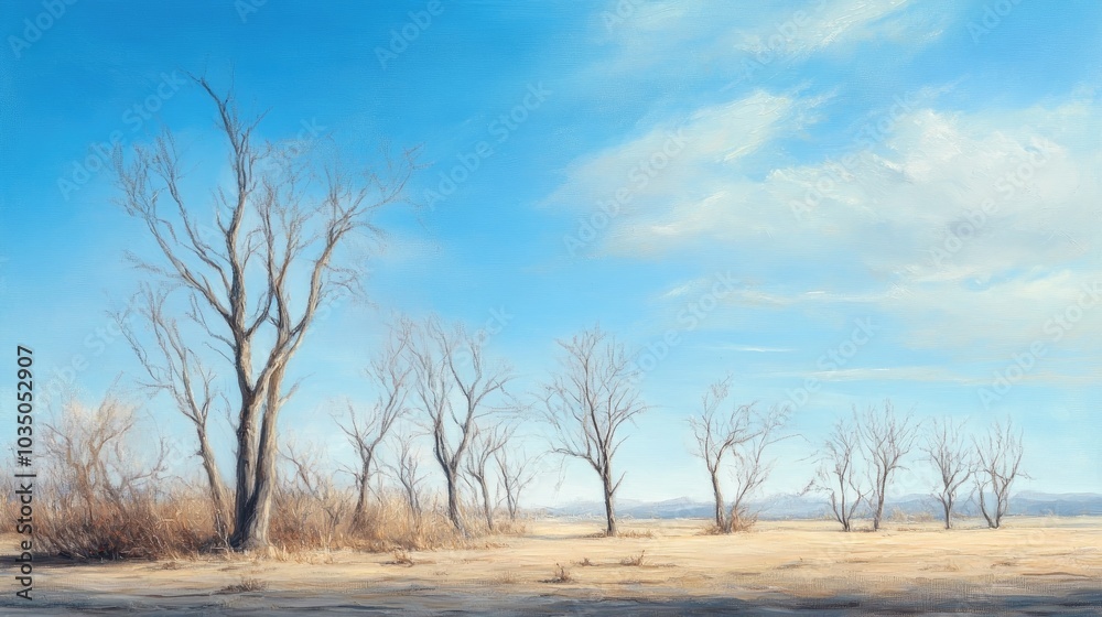 Oil painting depicting barren trees set against a stunning blue sky featuring a serene natural landscape Oil painting depicting barren trees set against a stunning blue sky featuring a serene natural landscape