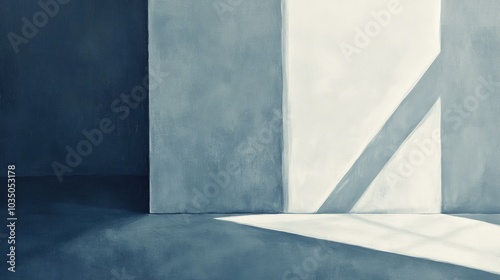 Original oil painting featuring a widescreen background in a minimalistic style showcasing geometric shapes of light and shadow in grey blue tones ideal for product presentations