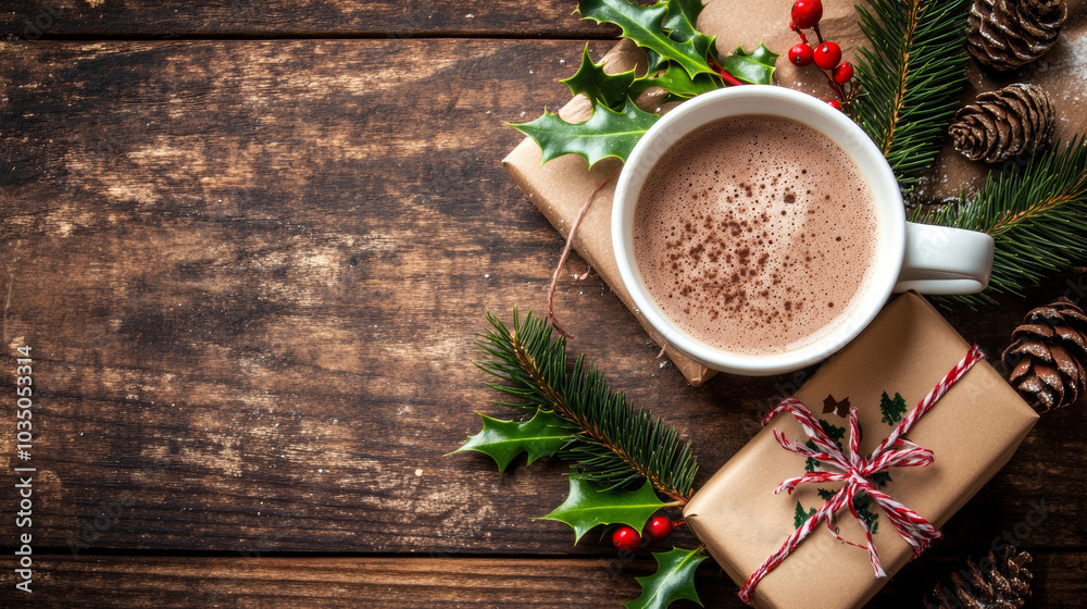 Cup of hot chocolate with christmas gifts and holly on wooden background. Holiday flatlay with copy space Cup of hot chocolate with christmas gifts and holly on wooden background. Holiday flatlay with copy space