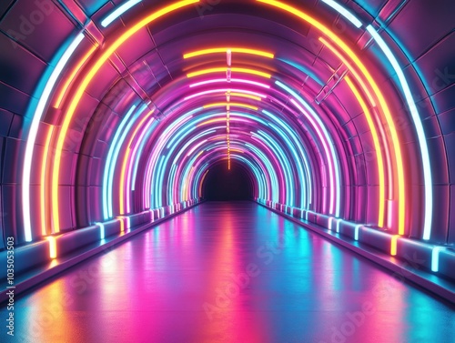 Fantasy 3D abstract background featuring neon lights and a vibrant tunnel 3D illustration