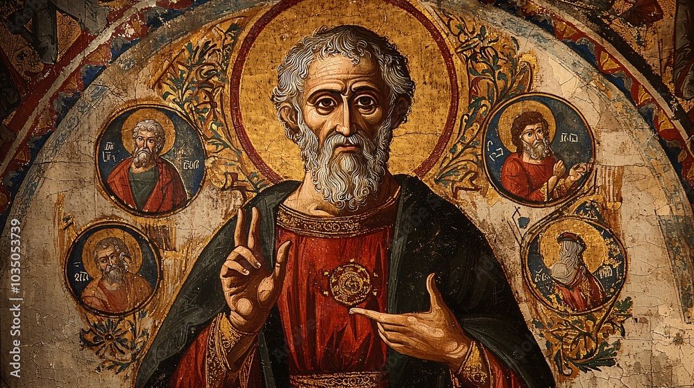 Fototapeta premium An ancient manuscript illustrates Saint Ignatius of Antioch encircled by symbolic icons that embody his lasting faith and foundational Christian teachings.