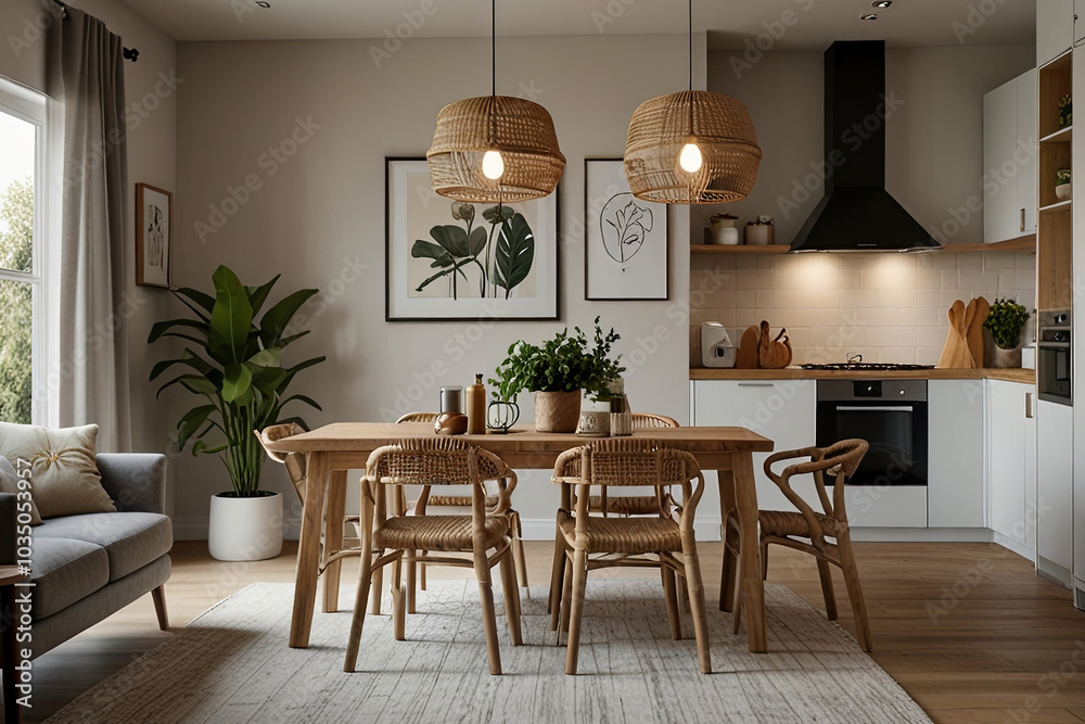 Modern Living and Dining Room Mock-up Poster, Stylish Table, and Rattan Chair
Modern Living and Dining Room Mock-up Poster, Stylish Table, and Rattan Chair