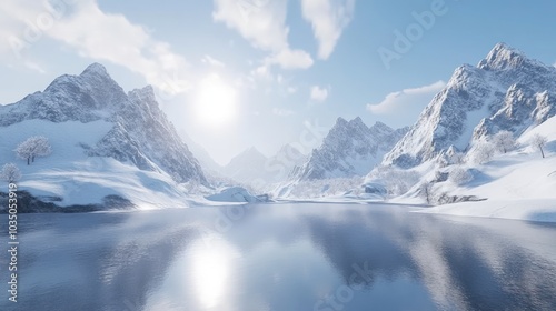 Snow-Covered Mountain Range Reflecting in a Tranquil Lake