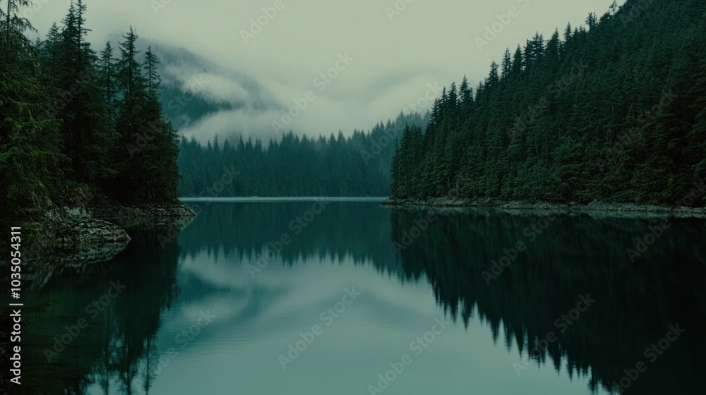A Tranquil Lake Surrounded by Dense Evergreen Forest with Misty Mountains in the Background A Tranquil Lake Surrounded by Dense Evergreen Forest with Misty Mountains in the Background