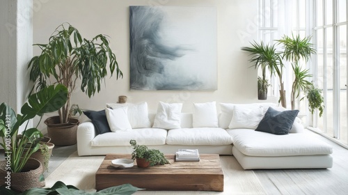 Living room with white sofa wooden table abstract art and plants minimalist interior arrangement