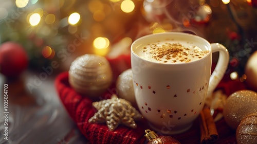 A cozy scene with a drink, placed on a festive table with a backdrop of Christmas ornaments and warm photo