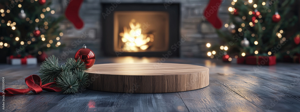 Luxurious Cozy 3D Podium for Product Display with Festive Holiday Scene, Candles, Pine Cones, and Christmas Lights Luxurious Cozy 3D Podium for Product Display with Festive Holiday Scene, Candles, Pine Cones, and Christmas Lights