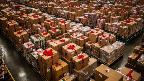 Warehouse filled with holiday packages, representing the peak season in logistics and distribution.