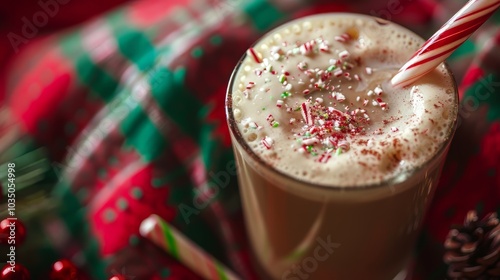 A cozy scene with a drink, placed on a festive table with a backdrop of Christmas ornaments and warm photo