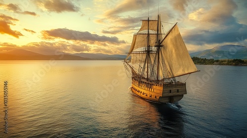 A meticulously reconstructed 18th-century wooden ship sailing along the coastline, complete with period-correct sails