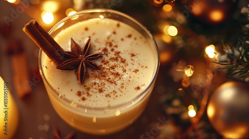 A cozy scene with a drink, placed on a festive table with a backdrop of Christmas ornaments and warm photo