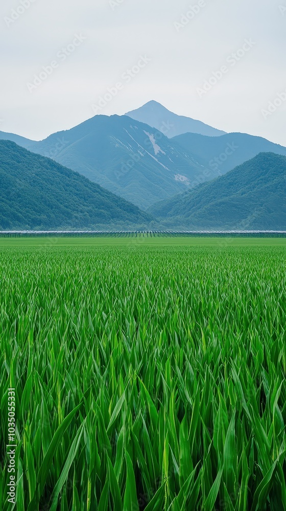 Fototapeta premium Breathtaking view of lush green rice fields against majestic mountain range under a soft cloudy sky