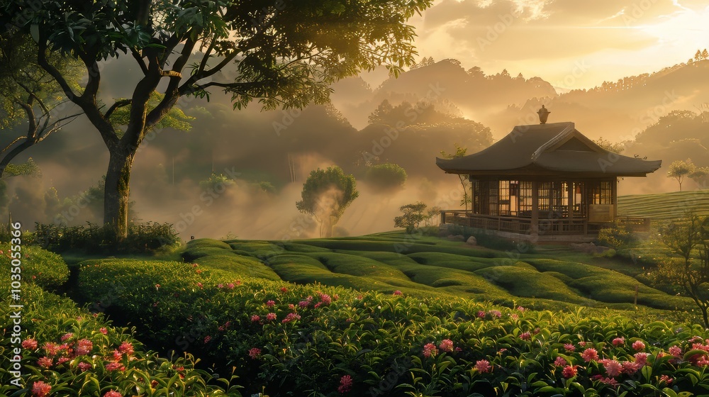 Serene tea landscape. Nature's harmony in sunlight and mist Serene tea landscape. Nature's harmony in sunlight and mist