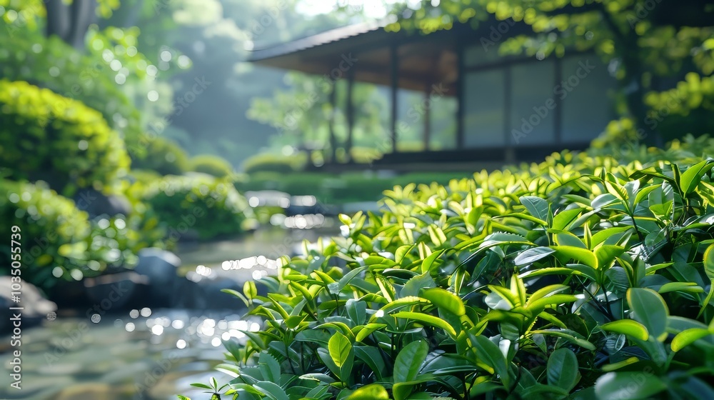 Obraz premium Serene tea landscape. Nature's harmony in sunlight and mist