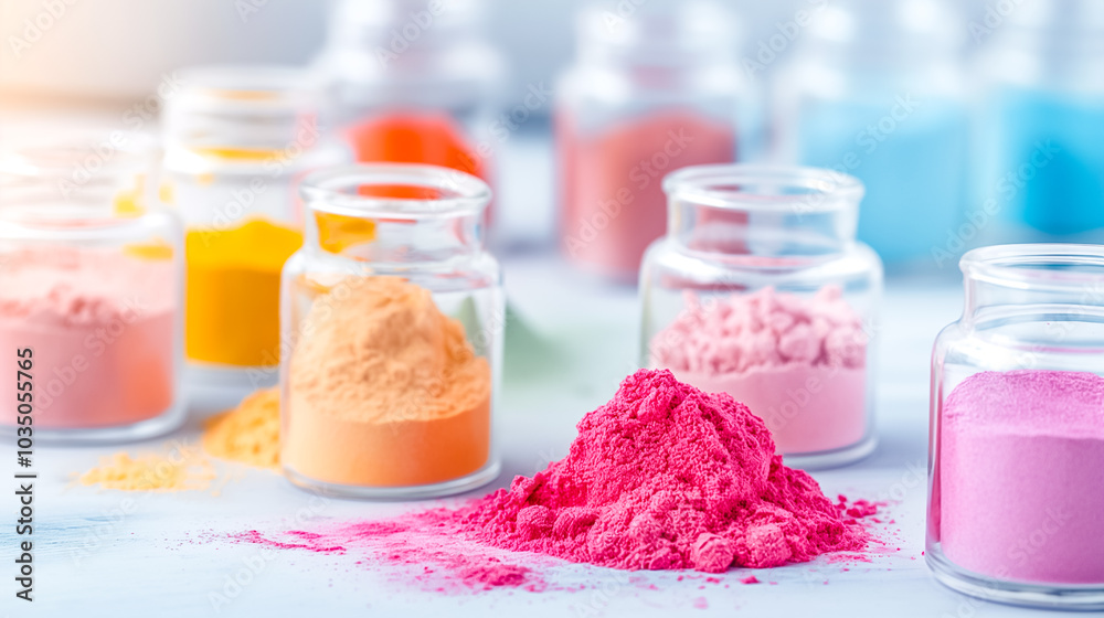 A variety of vibrant powdered pigments are neatly stored in glass jars on a workbench, showcasing colors for artistic projects and crafts. The setup invites creativity and inspiration A variety of vibrant powdered pigments are neatly stored in glass jars on a workbench, showcasing colors for artistic projects and crafts. The setup invites creativity and inspiration