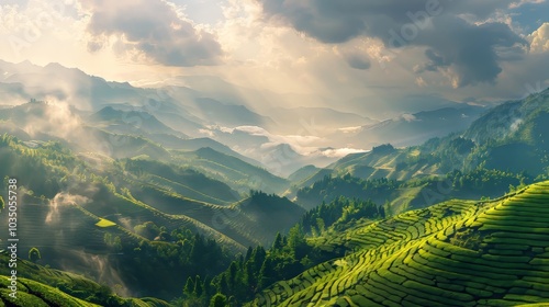 Serene tea landscape. Nature's harmony in sunlight and mist photo