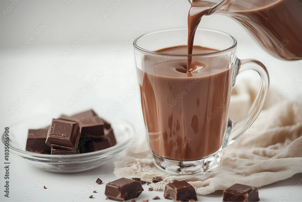 Pouring chocolate milk from pitcher into glass in the white background. Pouring chocolate milk from pitcher into glass in the white background.