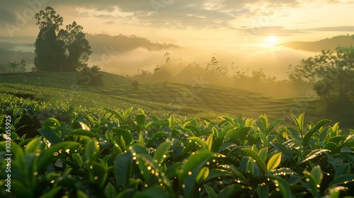 Serene tea landscape. Nature's harmony in sunlight and mist photo