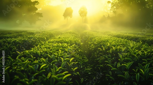 Serene tea landscape. Nature's harmony in sunlight and mist photo