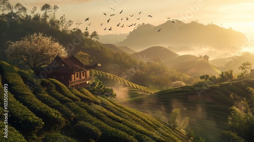 Serene tea landscape. Nature's harmony in sunlight and mist photo