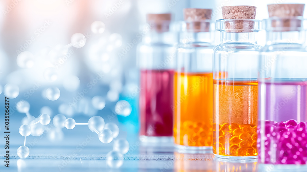 Glass bottles filled with vibrant liquids sit on a lab bench, illuminated by natural light. This arrangement highlights diverse chemical solutions and their unique colors Glass bottles filled with vibrant liquids sit on a lab bench, illuminated by natural light. This arrangement highlights diverse chemical solutions and their unique colors