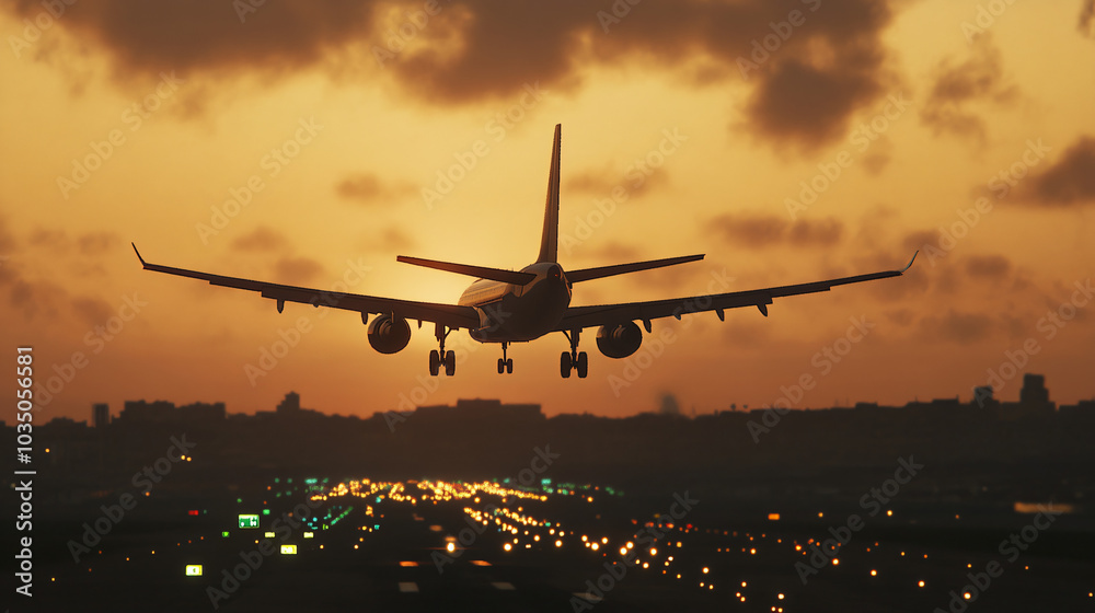 An airliner preparing for landing at a busy international airport. An airliner preparing for landing at a busy international airport.