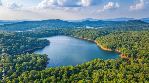 Aerial View of a Serpentine Lake Surrounded by Lush Forests and Mountains