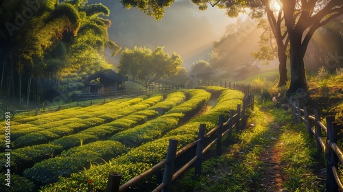 Serene tea landscape. Nature's harmony in sunlight and mist photo