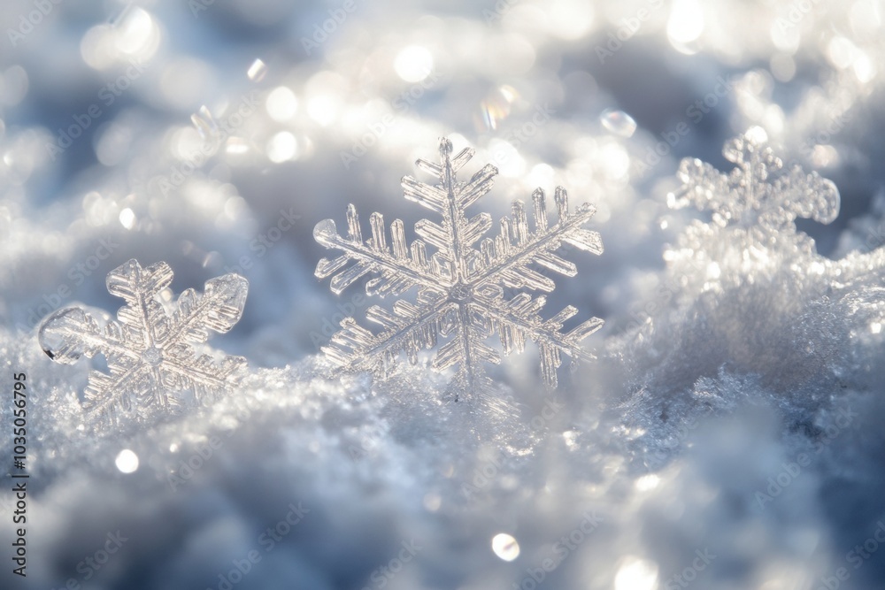 Delicate snowflakes resting on a blanket of fresh powdery snow during a winter afternoon Delicate snowflakes resting on a blanket of fresh powdery snow during a winter afternoon