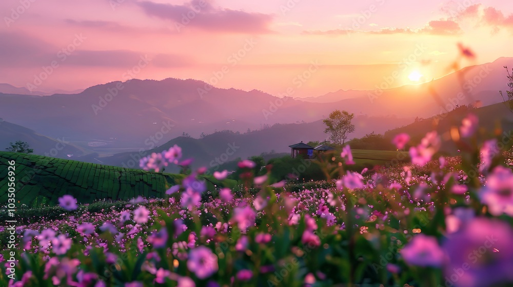 Serene tea landscape. Nature's harmony in sunlight and mist Serene tea landscape. Nature's harmony in sunlight and mist