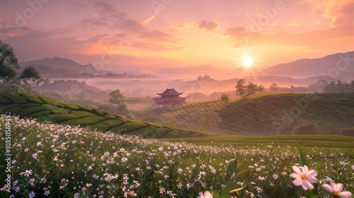 Serene tea landscape. Nature's harmony in sunlight and mist photo