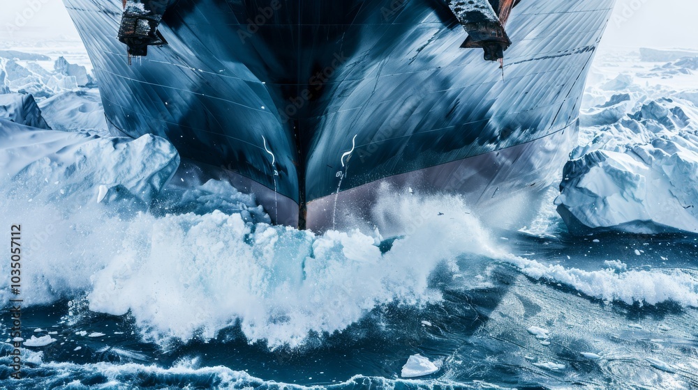 Naklejka premium A cargo ship navigating through icy waters, with a focus on the ship's hull and icebreaker capabilities, Maritime setting with rugged ice-covered seas
