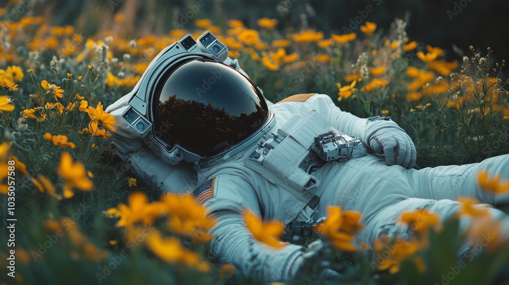Astronaut Relaxing in Wildflower Field Astronaut Relaxing in Wildflower Field