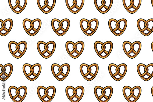 pretzel with love shape colorful pattern on white background. doodle pretzel bread pastry symbol seamless pattern background. retro heart pretzel shape seamless pattern for decor and merchandise
