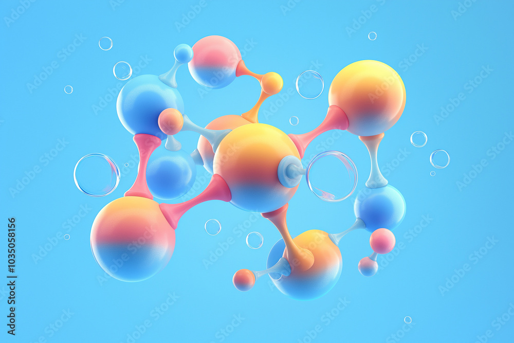 Colorful molecular structure with bubbles on bright blue background Colorful molecular structure with bubbles on bright blue background