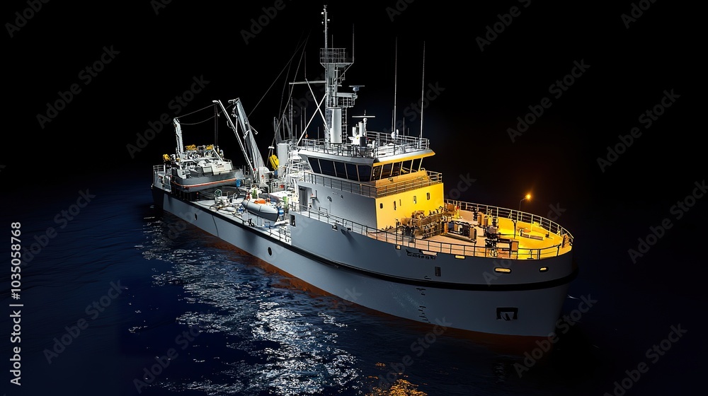 Naklejka premium A research vessel used for underwater exploration, with scientists preparing to send submersibles into the deep sea