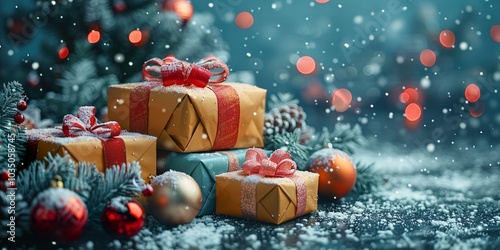 Christmas gift background. Celebrate decorative box with ribbon. Xmas background