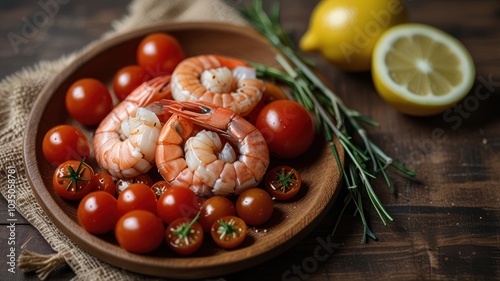 Cooked shrimp, cherry tomatoes, and lemon slices on a wooden plate with rosemary sprigs.