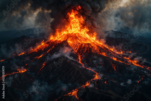 Aerial view of burning volcano