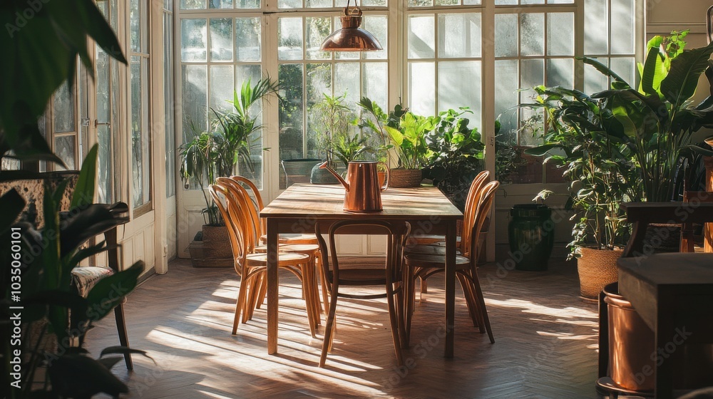 Fototapeta premium Orangery with oak wooden table chairs copper watering can and modern floor interior design setup