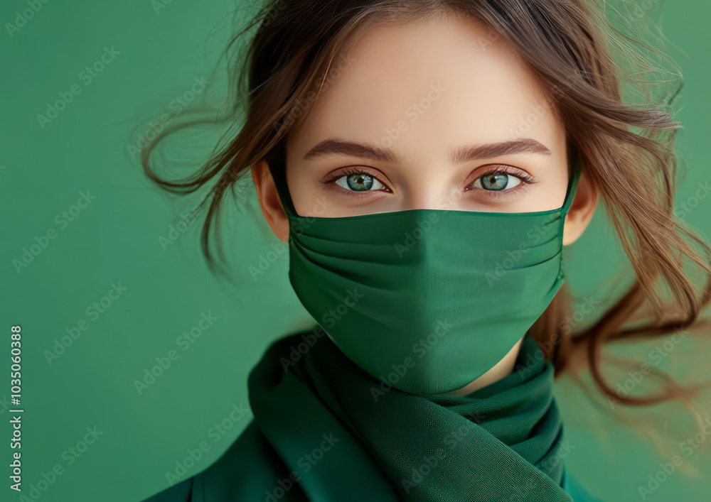 Attractive woman wearing medical green coat and green face mask - reen background Attractive woman wearing medical green coat and green face mask - reen background