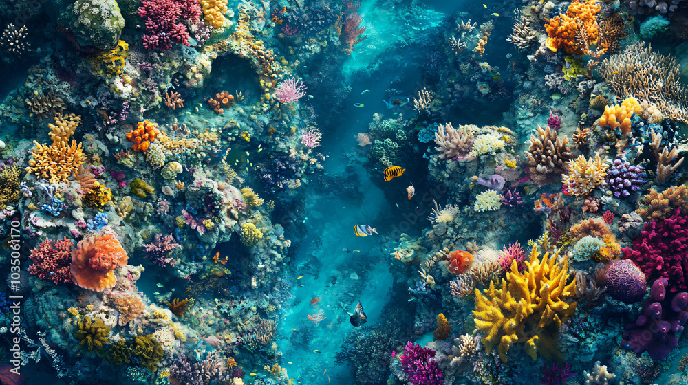 Fototapeta premium An aerial view of a vibrant coral reef system showcasing diverse marine life and colorful corals.