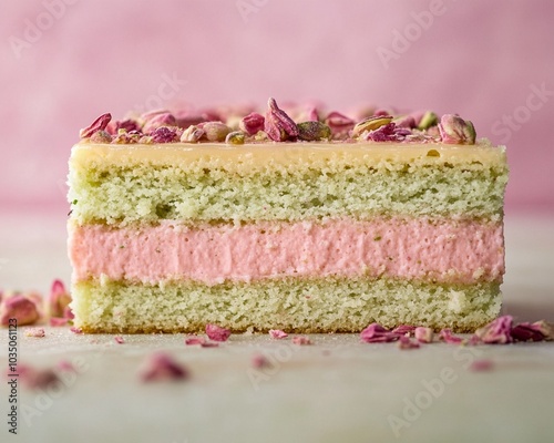 an extreme close-up, parallel horizontal front view, surface of a sliced pistachio rose cake, filling the entire frame with its intricate layers