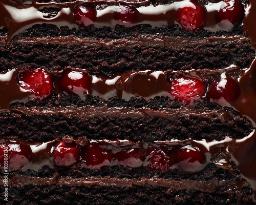 a close-up, top-down view of a chocolate cake slice, filling the entire frame with detailed layers