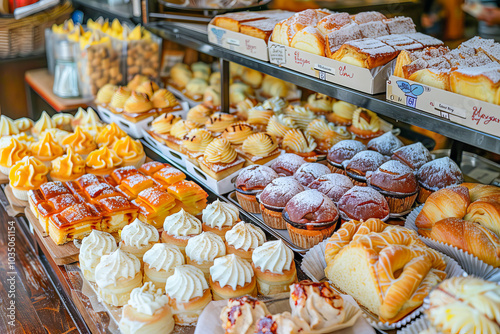 Delicious pastries displayed on counter in bakery for national pastry day